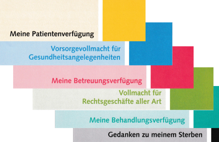 Patientenverfügung Dokumente zur Patientenverfügung und Vorsorgevollmacht in bunten Kästen.