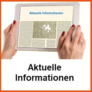 Link zu aktuellen Informationen Hände halten ein Tablet mit der Überschrift "Aktuelle Informationen" und einem Puzzlebild.