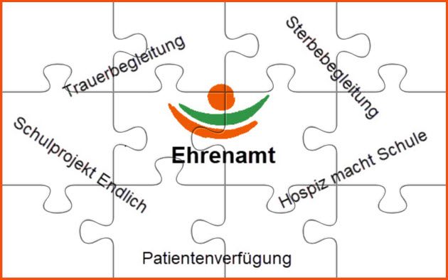Ehrenamt Logo des Ehrenamts mit einem Puzzlestück-Thema und verschiedenen Aktivitäten um das Zentrum.
