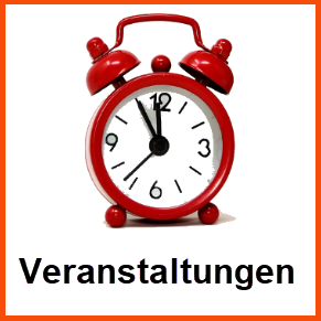 Link zu den Veranstaltungen Roter Wecker mit weißen Ziffern und zwei Ringtönen, darunter der Text "Veranstaltungen".
