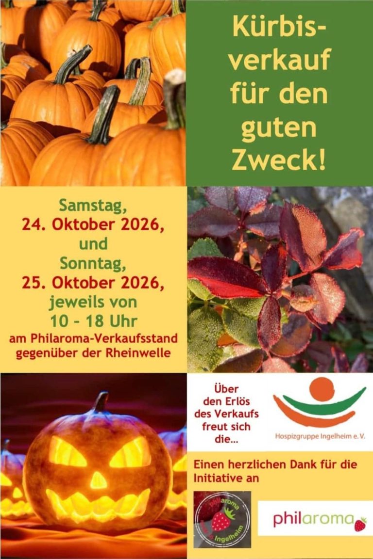 24. und 25. Oktober 2026 Kürbisverkauf für den guten Zweck am Philaroma-Verkaufsstand gegenüber der Rheinwelle Leuchtender Kürbis - Kürbisverkauf